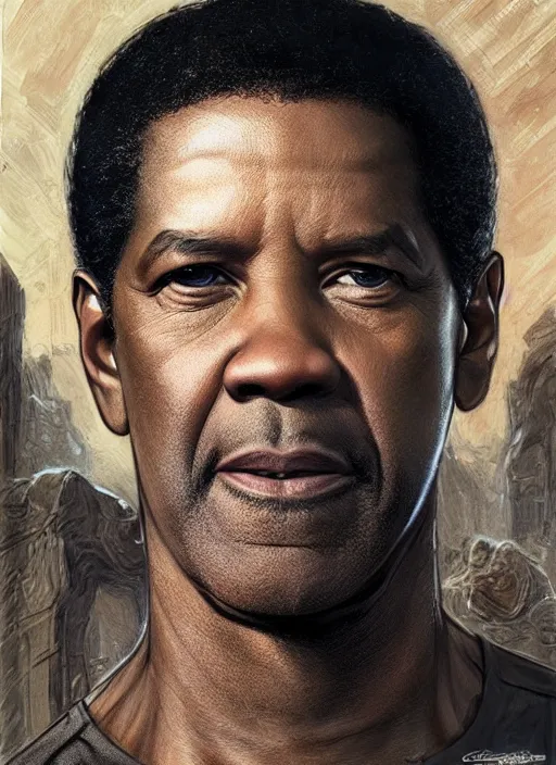 Prompt: Denzel Washington as a ruggedly handsome hero, intricate, elegant, highly detailed, centered, digital painting, artstation, concept art, smooth, sharp focus, illustration, art by artgerm and donato giancola and Joseph Christian Leyendecker