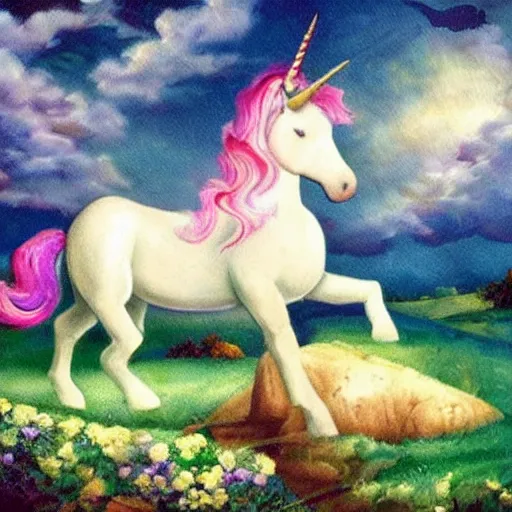 Image similar to dream : a fabulous landscape, a magical unicorn. a boy is sitting astride him. a cat is lying