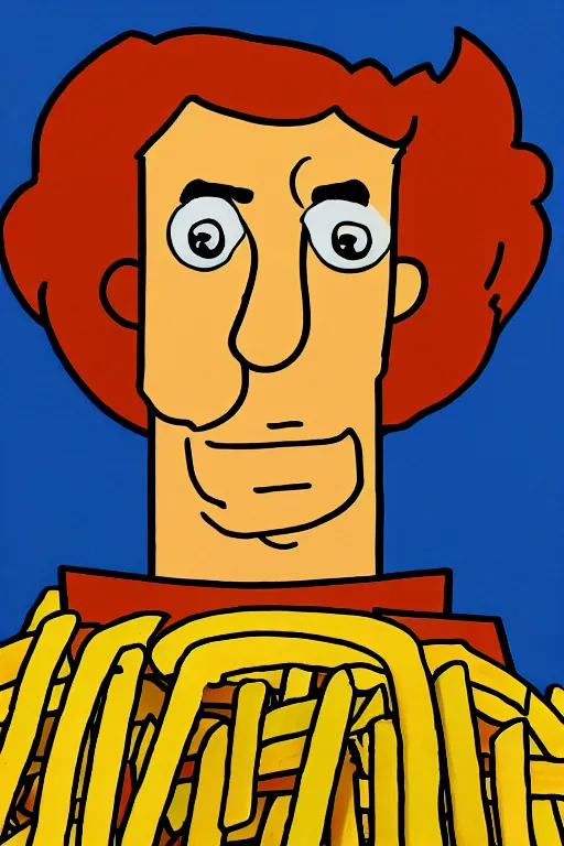 Prompt: a portrait of philip fry from futurama made out of french fries, realistic, 4 k.