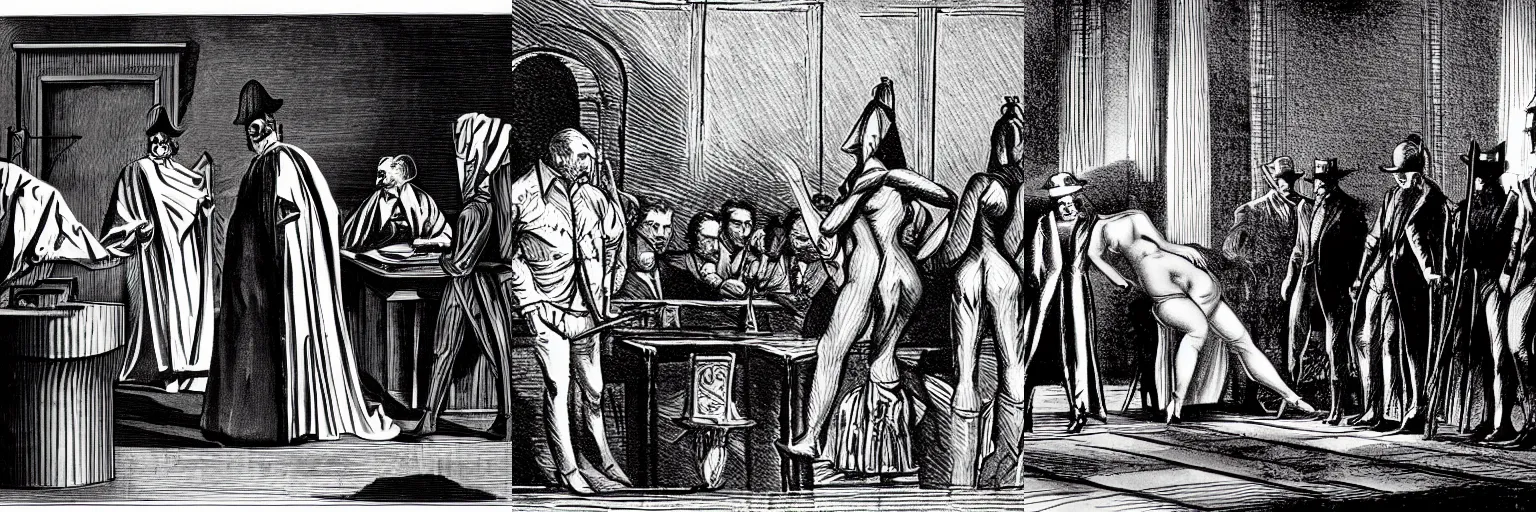 Prompt: still of the trial by orson welles in the style of engravings for a novel of marquis de sade starring ava gardner as the accused in the center of a large courtroom