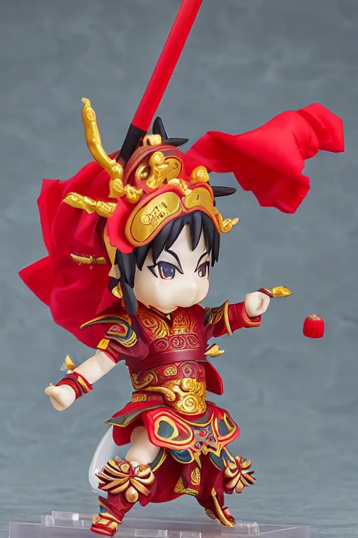 Image similar to arty chinese mythology ne zha nendoroid full body hyperdetalied, hero action pose, osamu tezuka, macoto takahashi, chibi, q posket, 8 k realistic, 3 d, cryengine, exquisite, red cloth around his shoulders, hold spear, ne zha ( 2 0 1 9 ), fenghua zhong,