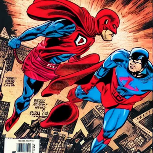 Prompt: daredevil punching superman, comic cover, marvel