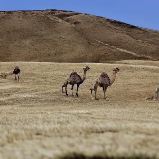 Image similar to a dreamlike landscape where all the hills are made of chicken skin and they have those little bumps and look kind of damp. Along the landscape walks a green skinned six legged camel.