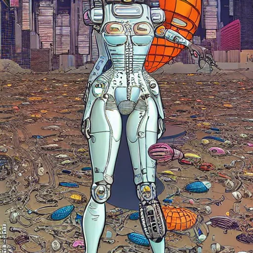 Image similar to a beautiful highly detailed futuristic mechanical lady, cyberpunk garage on jupiter, filled with people,, art by geof darrow,