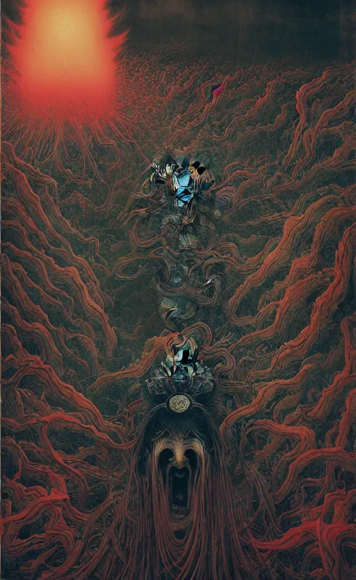 Image similar to zhongyuan festival, chinese ghost festival, king of hell, inside page of comic book, psychedelic lights and fog, in the style of zdzislaw beksinski, ayami kojima, takato yamamoto, barclay shaw, karol bak, glowing light and shadow, hyperrealist