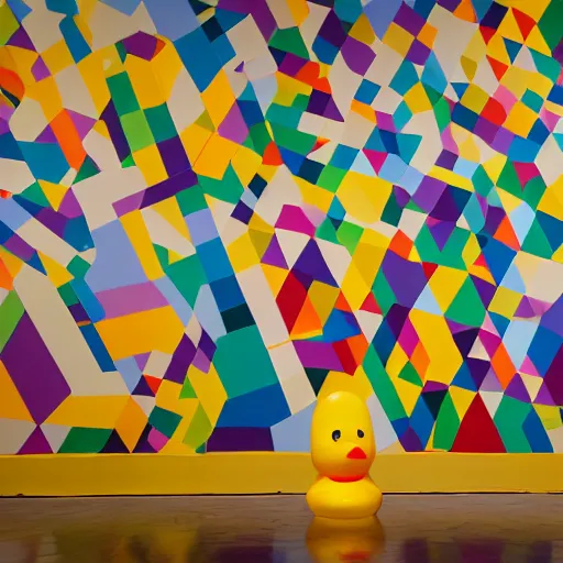 Image similar to one photorealistic rubber duck in foreground on a pedestal in an art gallery, the walls are covered with colorful geometric wall paintings in the style of sol lewitt, tall arched stone doorways.