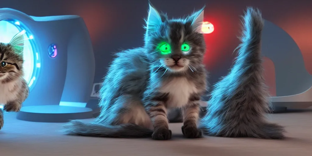 Prompt: a 3 d rendered movie still a cute robotic kitten with rgb ambient lighting implants. the robot maine coon kitten. in the background is a cyberpunk cat tree with rgb dramatic lighting. science fiction blockbuster movie from the future, imax 7 0 mm. octane 3 d render, style of mandalorian ( american space western television series )