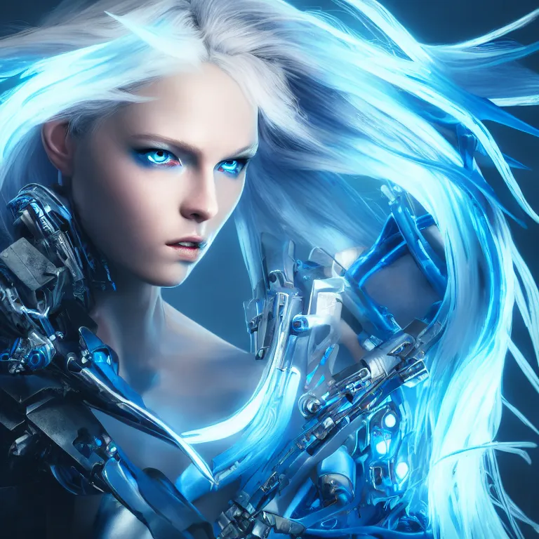 Image similar to beautiful cinematic fantasy poster, a cyberpunk cyborg female with brilliant blue flowing hair, beautiful blue glowing gold eyes, wideshot ultrawide angle epic scale, in the style of Mika Koskensalmi, Jason Chan, art station; cinematic quality character render; low angle; ultra high quality model; production quality cinema model;