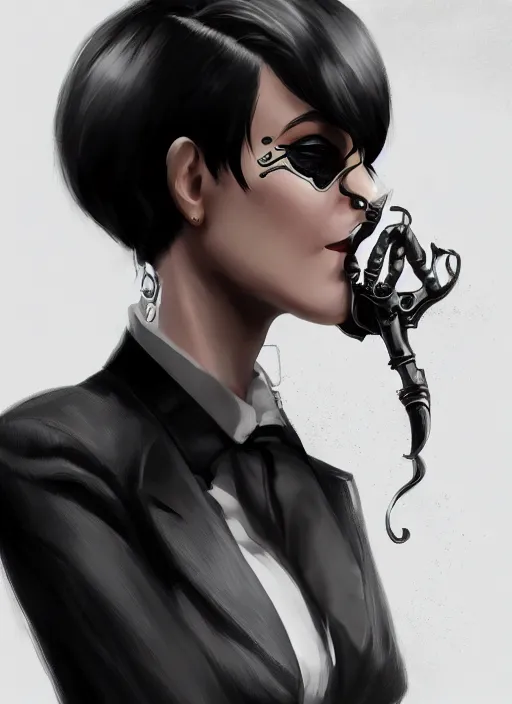 Image similar to a highly detailed illustration of short black haired woman wearing black eyepatch and noir style suit and tie, dramatic smoking pose, intricate, elegant, highly detailed, centered, digital painting, artstation, concept art, smooth, sharp focus, league of legends concept art, WLOP