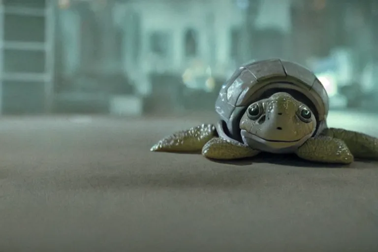 Prompt: cyborg stuffed turtle plushie in cyberspace, in 2 0 5 5, y 2 k cybercore, industrial low - light photography, still from a ridley scott movie