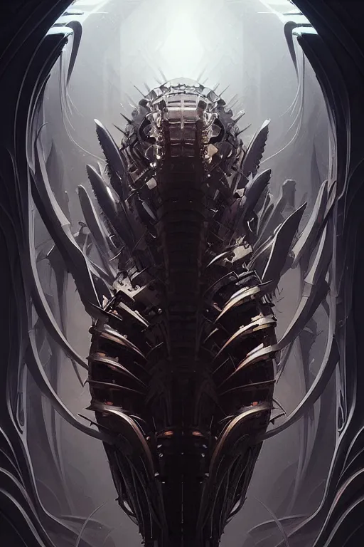 Prompt: professional concept art symmetrical portrait of a terrifying! mechanical predatory! fractal! species in a dark room by artgerm and greg rutkowski. an intricate, elegant, highly detailed digital painting, concept art, smooth, sharp focus, illustration, in the style of cam sykes.