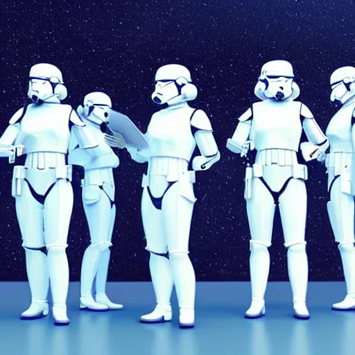 Image similar to troop of very short cloned women with white bob hairdos, tight light blue space trooper suits, standing next to tall scientist looking at a clipboard, futuristic cloning facility, sci - fi, highly detailed, cinematic