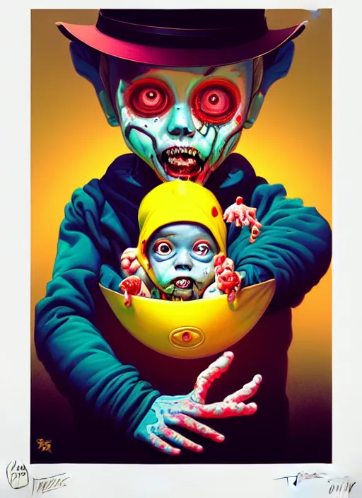 Image similar to a baby zombie in a yellow hat, tristan eaton, victo ngai, artgerm, rhads, ross draws