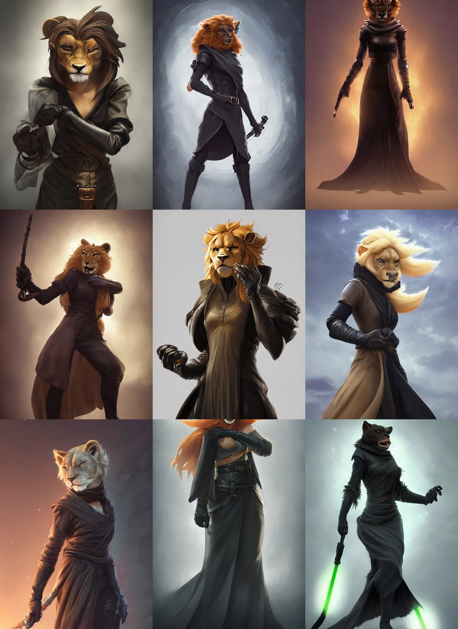 Prompt: beautiful portrait of a angry female anthropomorphic lioness fursona wearing black jedi robes. leather gloves. leather boots. character design by charlie bowater, ross tran, artgerm, and makoto shinkai, detailed, soft lighting, rendered in octane