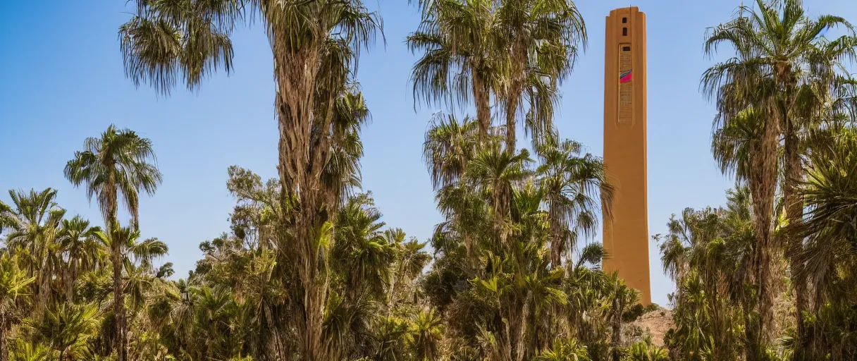 Image similar to monumental golden tower in arid mountain and lush palm forest