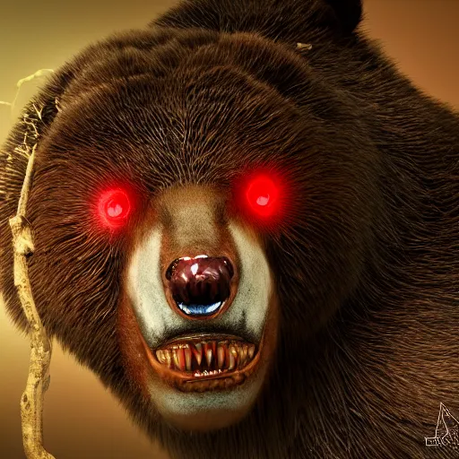 Image similar to realistic bear with red eyes, giant teeth, nature magic, fantasy book, d & d, high detail, 8 k, octane render painting, dark fantasy