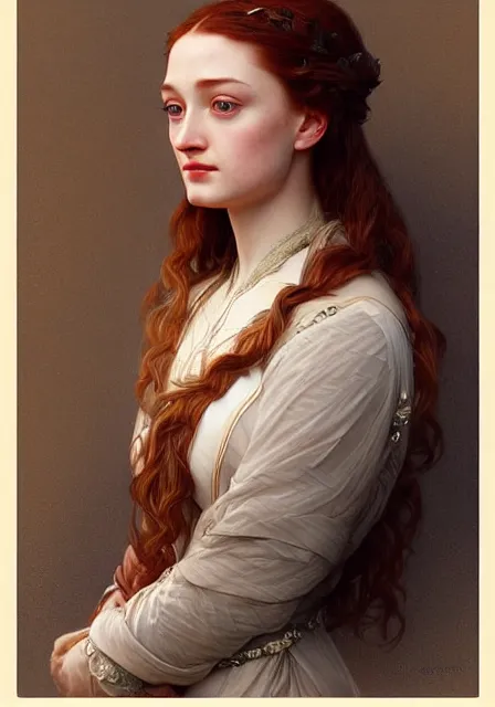 Image similar to portrait of little bird sansa stark, intricate, elegant, highly detailed, digital painting, artstation, concept art, smooth, sharp focus, illustration, art by artgerm and greg rutkowski and alphonse mucha and william - adolphe bouguereau