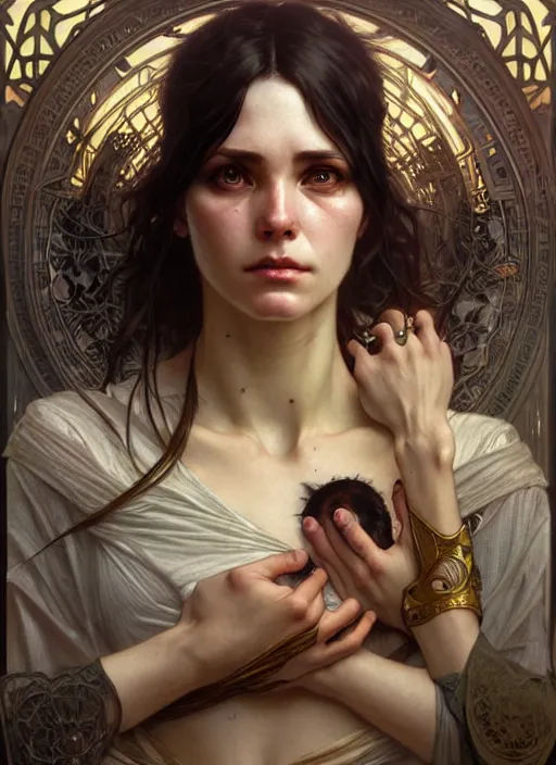 Image similar to lovely woman in distress, black shiny eyes, ultra realistic, concept art, intricate details, eerie, highly detailed, photorealistic, 8 k, unreal engine. art by artgerm and greg rutkowski and magali villeneuve, alphonse mucha