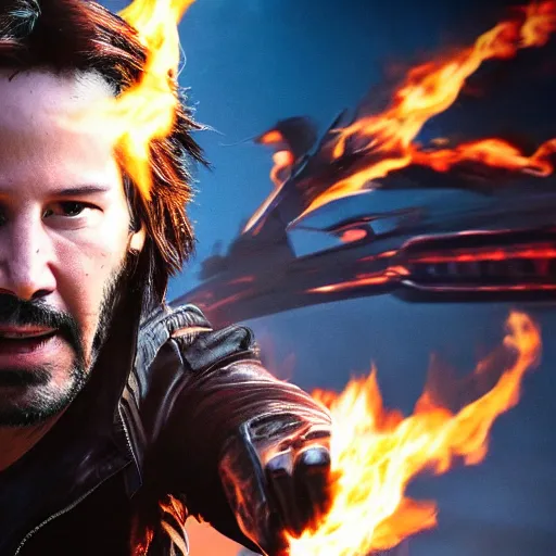 Image similar to keanu reeves as ghostrider, 8k, marvel movie, cinematic,