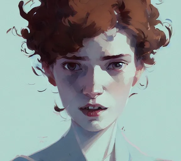 Image similar to portrait woman with short ginger curly hair, by atey ghailan, by greg rutkowski, by greg tocchini, by james gilleard, by joe fenton, by kaethe butcher, by ashley wood, dynamic lighting, gradient light blue, brown, blonde cream and white color scheme, grunge aesthetic