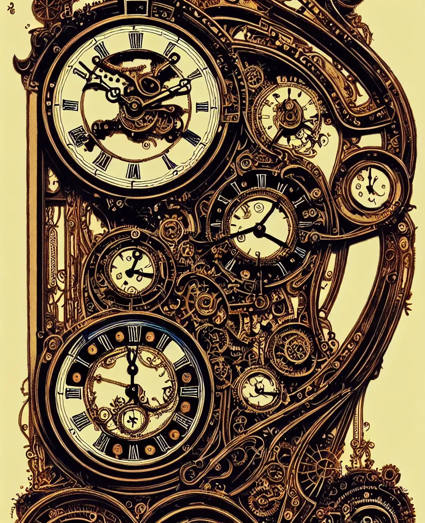 Image similar to ornate steampunk grandfather clock, high details, intricately detailed, by vincent di fate, inking, 3 color screen print, masterpiece, trending on artstation,, sharp, details, hyper - detailed, hd, 4 k, 8 k