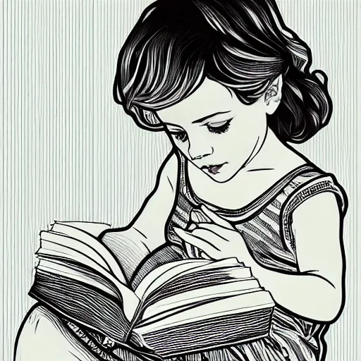 Image similar to clean simple line art of a little girl with short wavy curly light brown hair and blue eyes, reading a book. no background. well composed, clean, black and white, beautiful detailed face line art by ilya kuvshinov and alphonse mucha