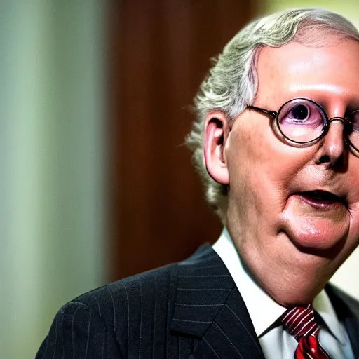 Image similar to the melting slimy face of villain mitch mcconnell. horror film photograph.