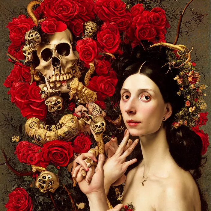 Image similar to portrait of a woman with a golden skull instead of a head, a wreath of thorns, a dress of bones and roses, horns, snakes, smoke, flames, full-length, oil painting in a renaissance style , very detailed, red background, painted by Caravaggio, Greg rutkowski, Sachin Teng, Thomas Kindkade, Alphonse Mucha, Norman Rockwell, Tom Bagshaw.