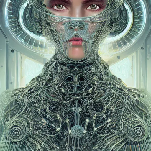 Prompt: very beautiful woman integrating with technology, full face frontal centered, portrait, insipiring, detailed intricate ornate cables connected to head, big open electric eyes, luxurious detailed abundent wiring and implants, diamonds, sci-fi, neon, emeralds, detailed technology full background, highly detailed, artstation, Rene Lalique and Eddie Mendoza and Gil Elvgren