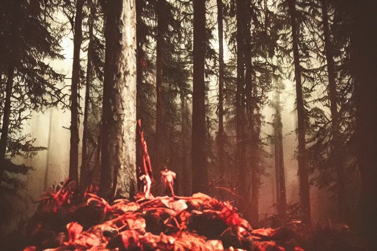 Image similar to terrible dark forest in the depths of which there is a large butcher chopping meat on a wooden stump from Dota 2 filmed hidden on a phone camera, Cinematic, wildlife photography, 35mm, photo on iphone