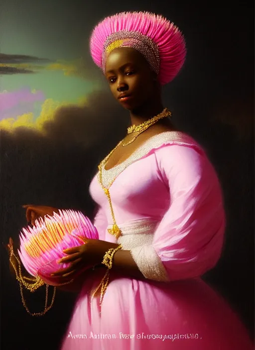 Image similar to stunning african princess, detailed pink and white protea inspired gown against a black backdrop by ivan aivazovsky, wlop, oil painting, beautiful soft lighting, vintage, rococo, muted colours, artstation