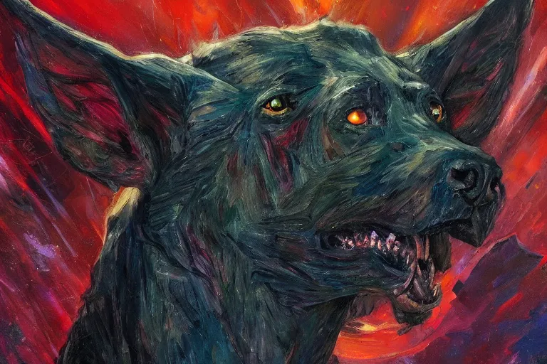 Image similar to polyhalite hellhound,art by Wayne Reynolds and Alicia Austin,trending on artstation, full lighting first-person view,closeup,Sabattier effect ,cubism ,expressionism ,dark academia ,