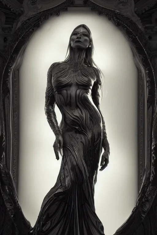 Image similar to a realistic dark photo of a beautiful ancient alien woman goddess kate moss nataraja standing in iris van herpen dress in style of alphonse mucha art nuvo dmt trending on artstation made in unreal engine 4 in 8 k