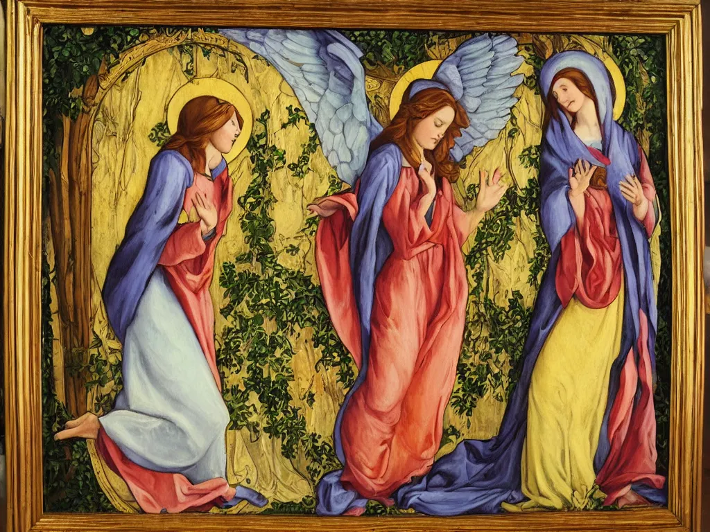 Image similar to oil painting of the annunciation in an art nouveau style