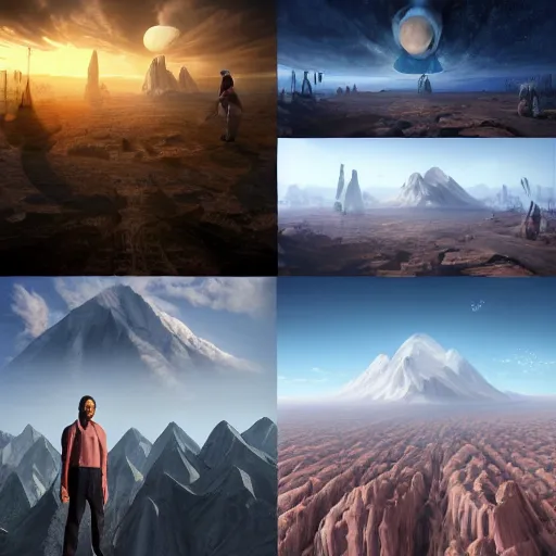 Prompt: a collage of four pictures with a man standing in the middle, a detailed matte painting by senior environment artist, behance, afrofuturism, matte painting, terragen, reimagined by industrial light and magic