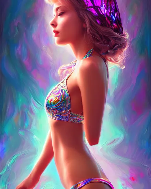 Image similar to cute woman wearing shiny plastic bikini inside an ornate bottle of iridescent liquid, alchemy, intricate, bloom, detailed, volumetric lighting, sharp focus, photorealism, digital painting, highly detailed, concept art, by by artgerm and wlop