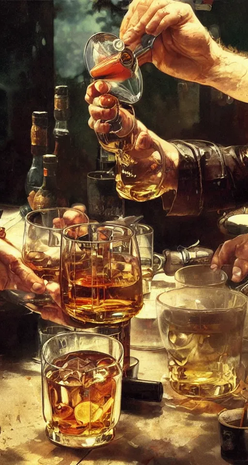 Image similar to close up of bloodied max payne pouring whisky, sun shining, photo realistic illustration by greg rutkowski, thomas kindkade, alphonse mucha, loish, norman rockwell.