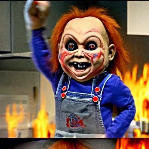 Prompt: screaming chucky doll running away and hiding from gordon ramsay