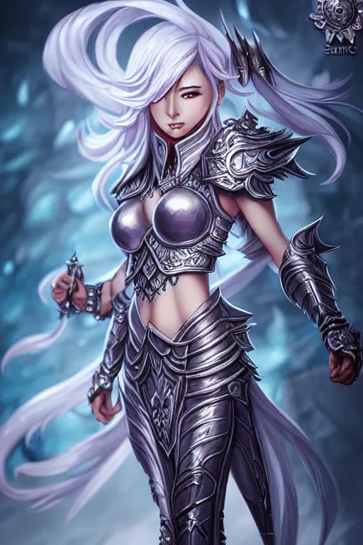 Image similar to sakimi chan, detailed face, standing, silver fantasy armor, tony sart