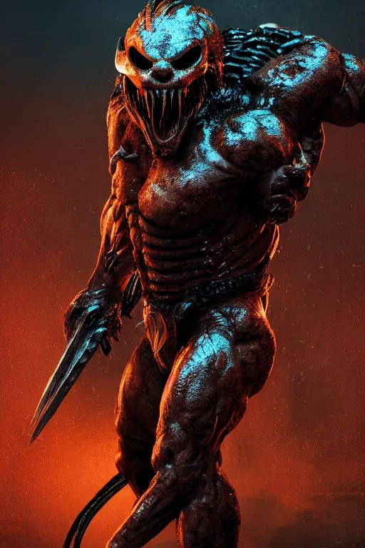 Image similar to full body pose, hyperrealistic photograph cover of predator, dim volumetric lighting, 8 k, octane beautifully detailed render, extremely hyper detailed, intricate, epic composition, cinematic lighting, masterpiece, trending on artstation, very very detailed, stunning, hdr, smooth, sharp focus, high resolution, award, winning photo, dslr, 5 0 mm