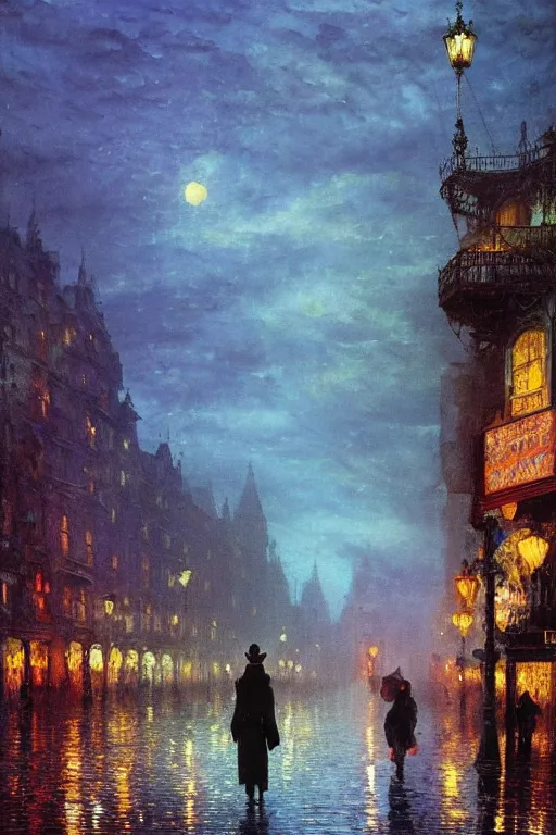 Image similar to the mad king in disguise, walking through the crowded streets of the city of blood and prisms, night skies, dramatic light, hyperrealistic, colorful skies, digital art, vray, mythical, john atkinson grimshaw, ivan aivazovsky, leonid afremov