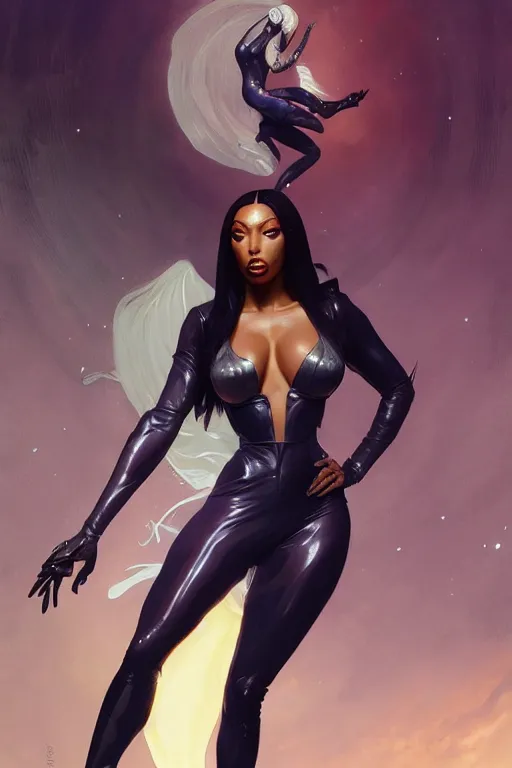 Image similar to megan thee stallion as aeon flux profile picture by greg rutkowski, dynamic pose, intricate, futuristic, fantasy, elegant, by stanley artgerm lau, greg rutkowski, thomas kindkade, alphonse mucha, loish, norman rockwell,