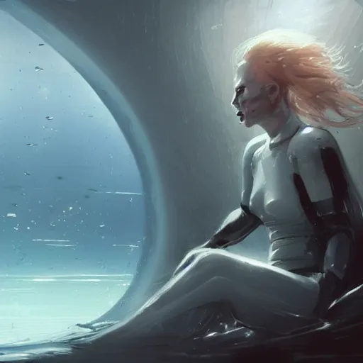 Prompt: concept art by greg rutkowski, a very tall, and slender woman with blond hair, wearing futuristic diving gear, sitting in the cockpit of a submarine, claustrophobic environment, dark lighting atmosphere, detailed portraits, uncanny and scary atmosphere, scifi, digital painting, artstation, concept art, smooth, sharp foccus ilustration, artstation hq