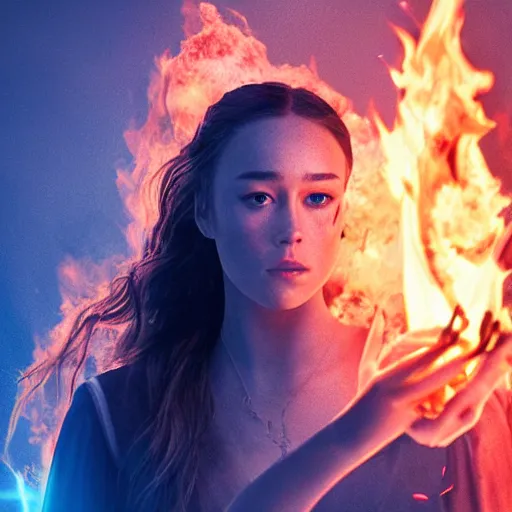 Prompt: alycia debnam carey as a pyromancer with fire aura by her side, blue flame, spark, illustration, Ray tracing reflection, dynamic pose, natural lighting,