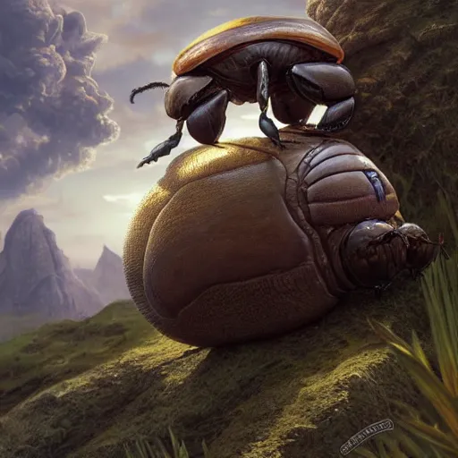 Image similar to a dung beetle pushing planet earth up a hill, ultra realistic, concept art, intricate details, highly detailed, photorealistic, octane render, 8 k, unreal engine. art by artgerm and greg rutkowski and magali villeneuve and alphonse mucha