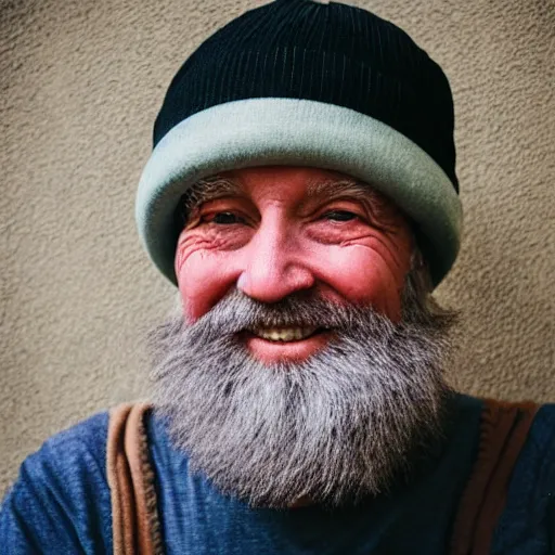 Image similar to portrait of a friendly old man, with a beard and a beanie