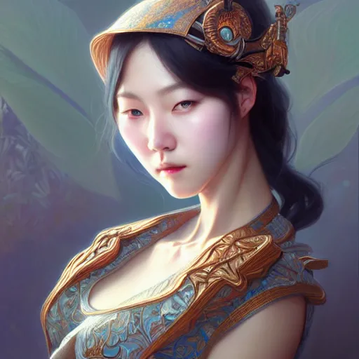 Prompt: Portrait of female korean idol, D&D, blue eyes, face, fantasy, intricate, elegant, highly detailed, digital painting, artstation, concept art, smooth, sharp focus, illustration, art by artgerm and greg rutkowski and alphonse mucha