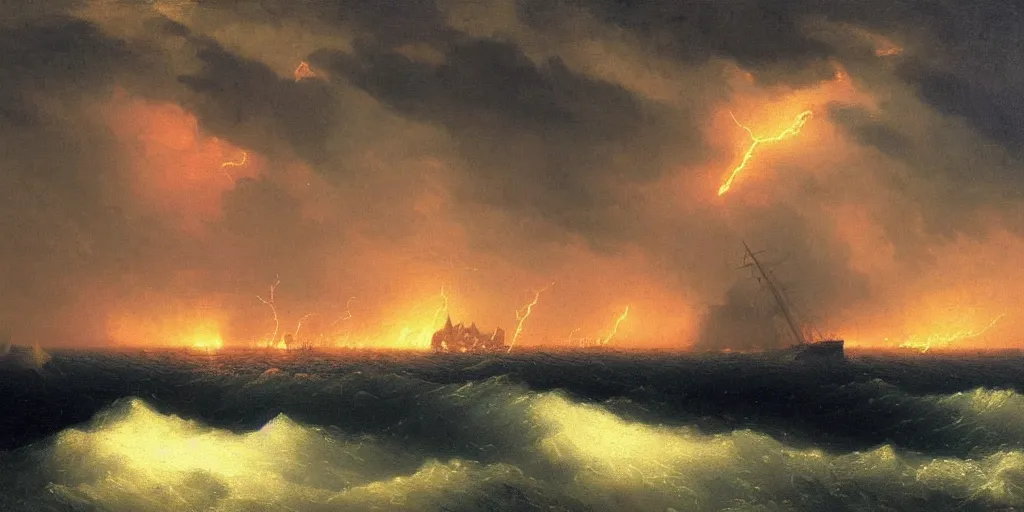 Image similar to a painting of a ship in a lightning storm on fire, struck by lightning, by ivan aivazovsky