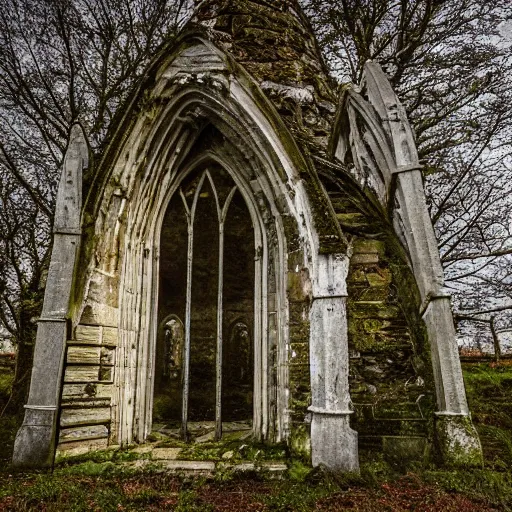 Prompt: a stone and wood church, abandoned and reclaimed by nature, irish church, 8 k photography