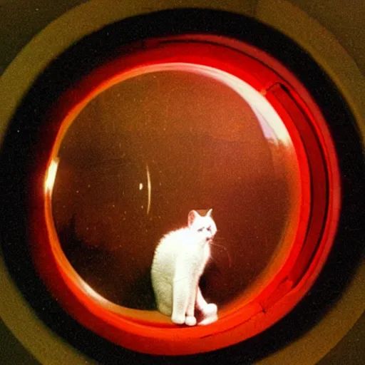 Image similar to a cat peeks out of a circular bubble window, 1 9 9 0 s anime, soft glow